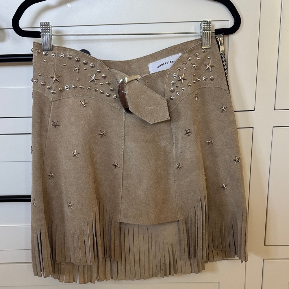 Understated Leather Studded Fringe Tan Skirt - Picture 2 of 9